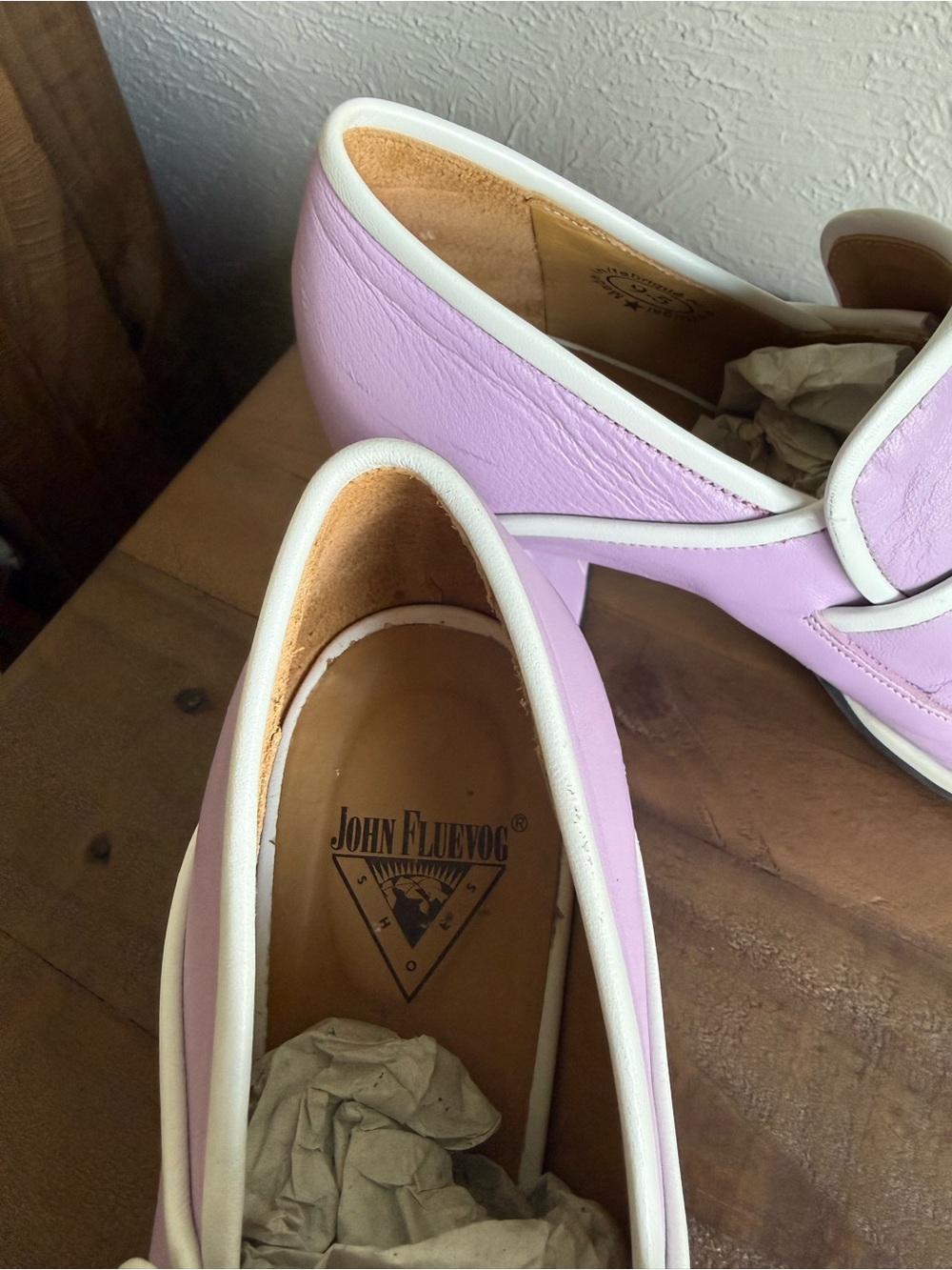 Fluevog Clouds of Joy Nimbus Lavender Block Heel Loafers with White Trim - Picture 6 of 6